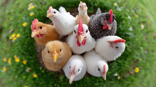 Hühnerherde auf grüner Wiese - Kostenfrei für kommerzielle Nutzung