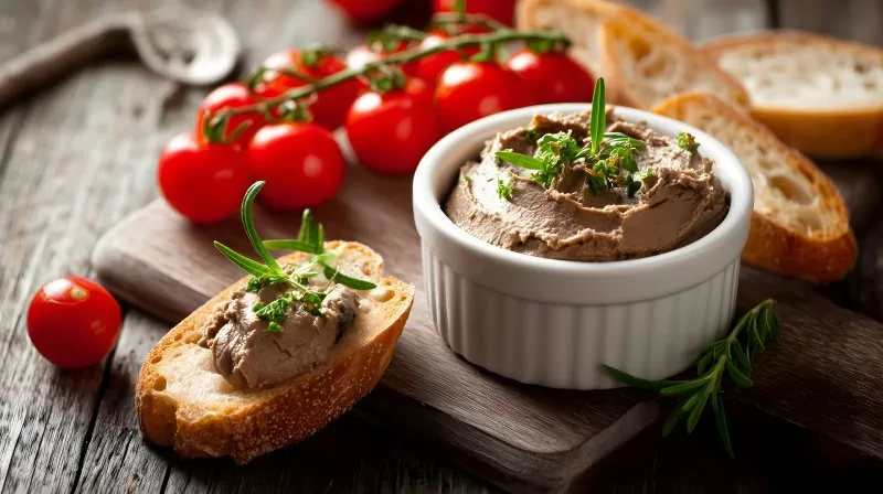 Hühnerleberpastete auf Baguette mit Kräutern