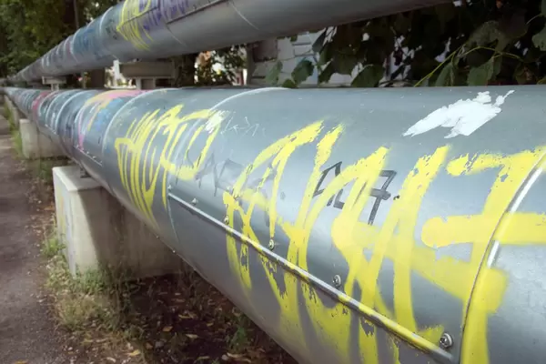 Huge pipe covered in a graffiti in the central part of Berlin, Germany