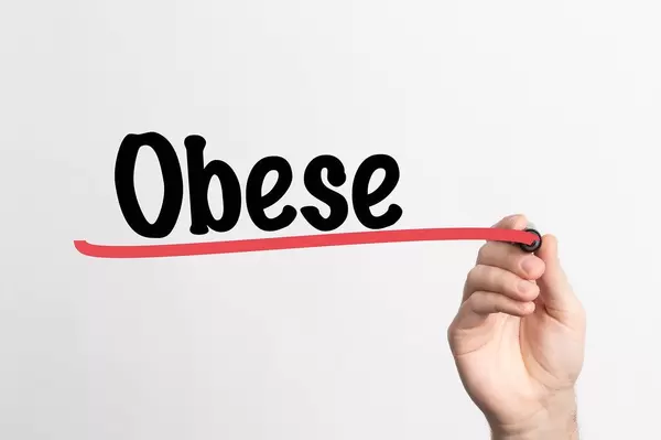 Human hand writing Obese on whiteboard
