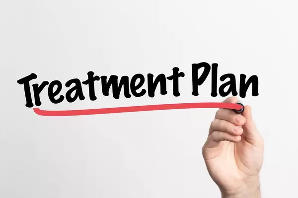 Human hand writing Treatment Plan on whiteboard
