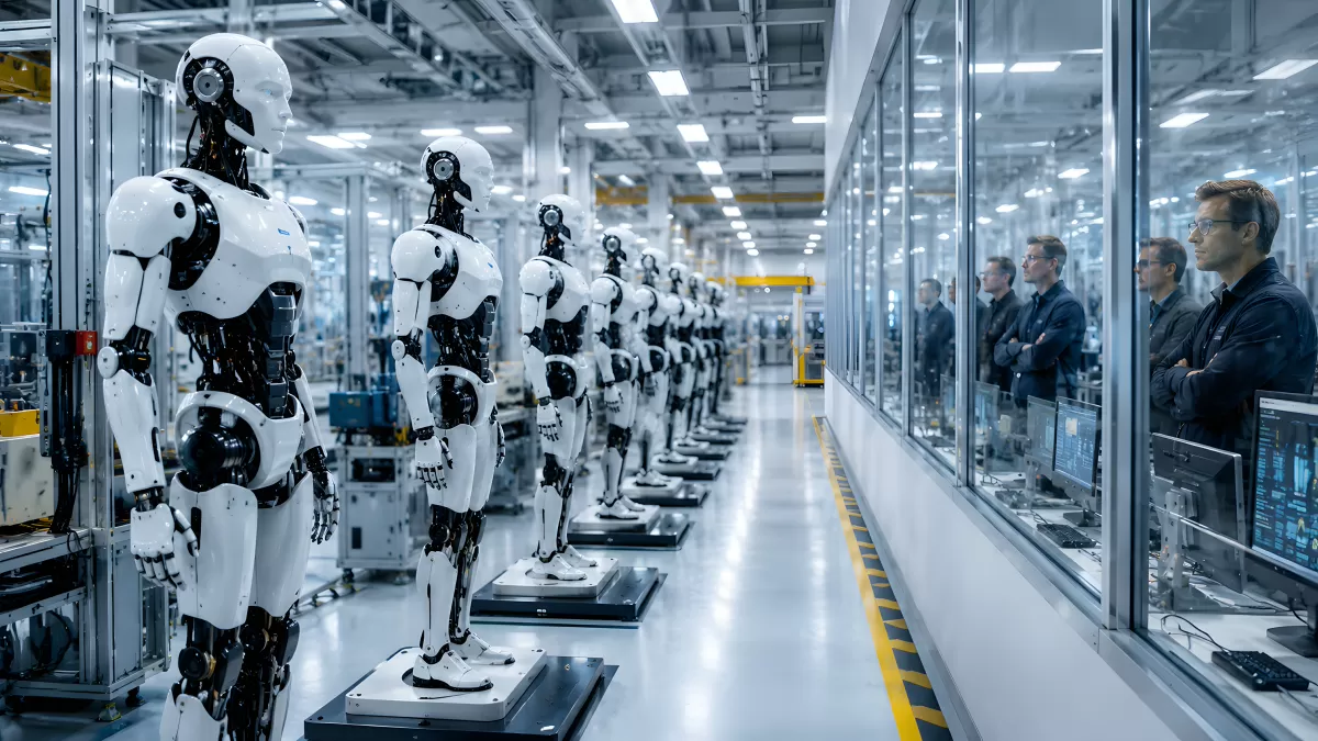 Humanoide Roboter in moderner Fertigungshalle