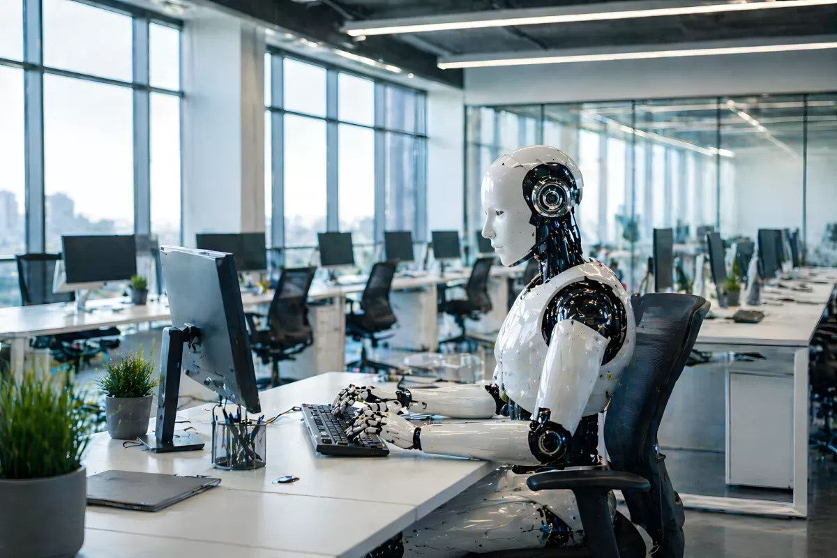 Humanoider Roboter arbeitet im modernen Büro