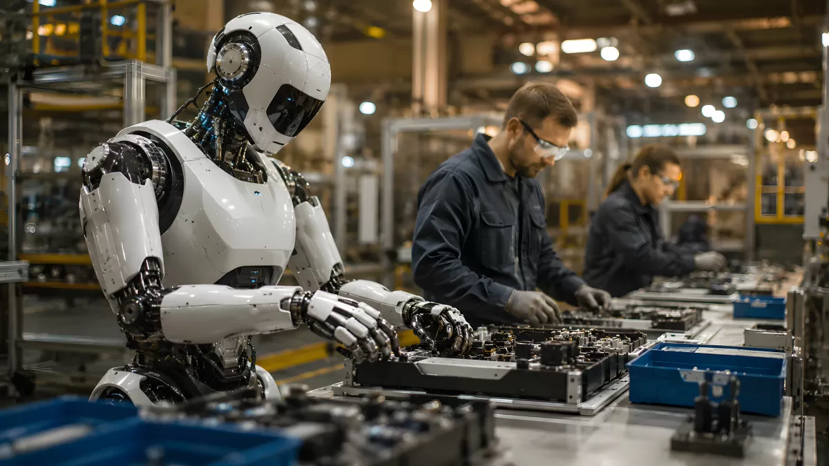 Humanoider Roboter arbeitet neben Menschen am Fließband
