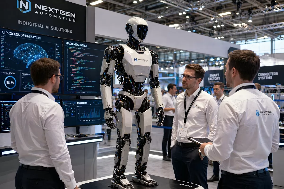 Humanoider Roboter auf Industriemesse mit KI-Technologie