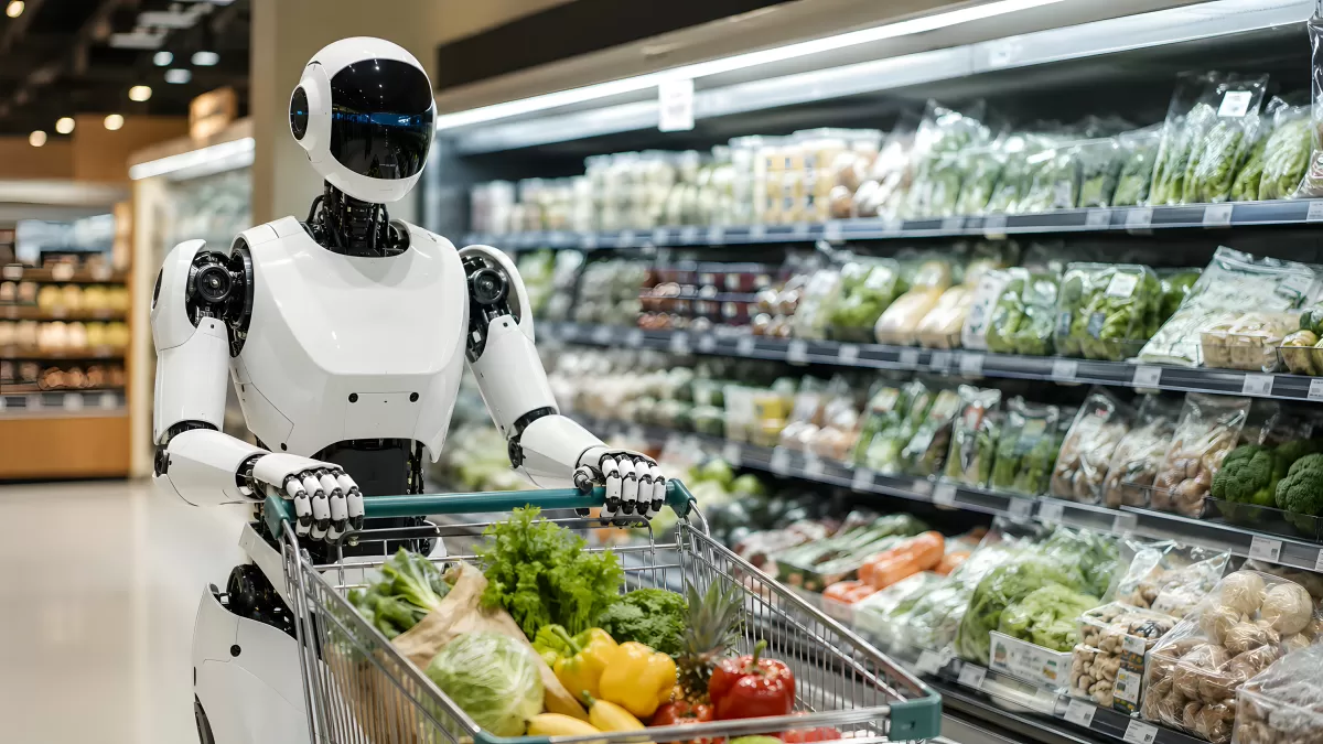 Humanoider Roboter beim Einkaufen im Supermarkt