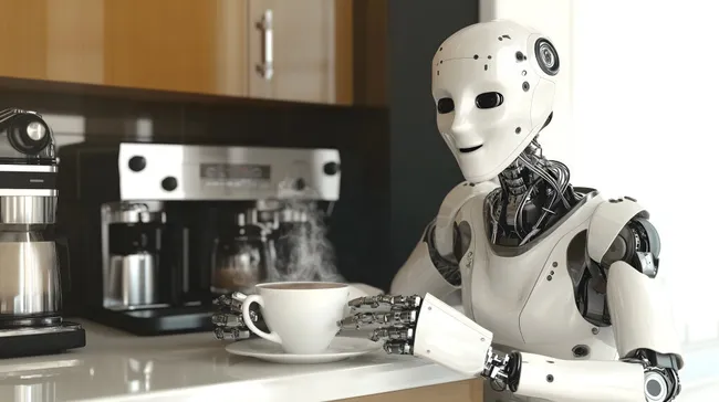 Humanoider Roboter bereitet Kaffee in modernem Kücheninterieur