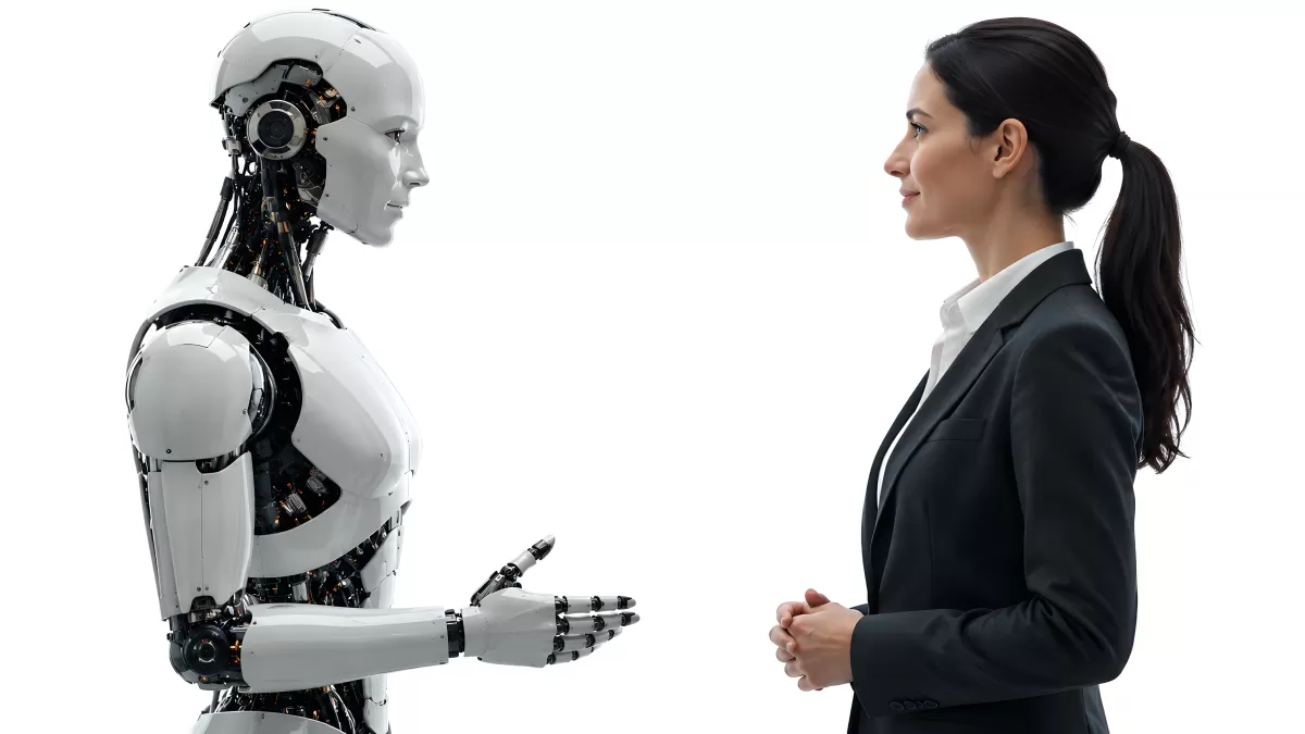 Humanoider Roboter im Gespräch mit Geschäftsfrau