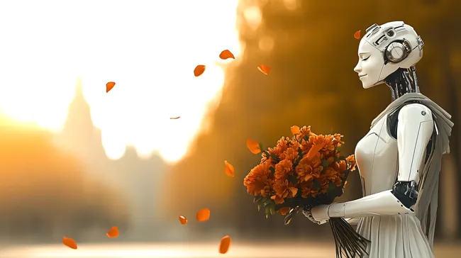 Humanoider Roboter mit Blumenstrauß in Herbststimmung