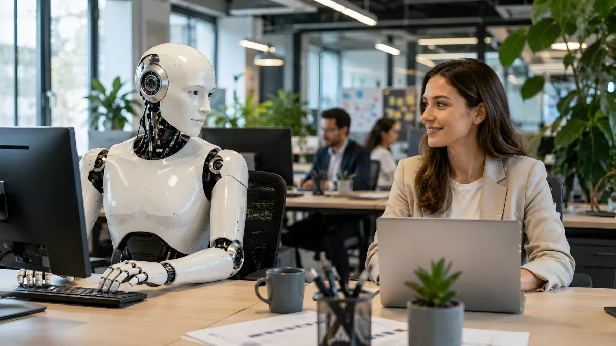 Humanoider Roboter und Frau arbeiten im Büro zusammen