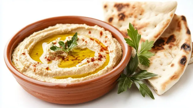 Hummus mit Olivenöl und hausgemachtem Fladenbrot