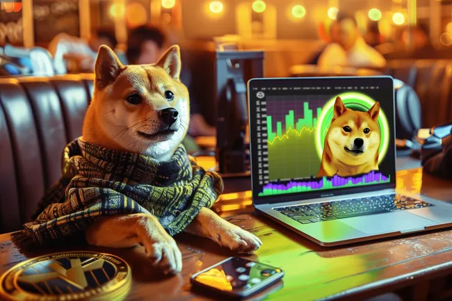 Hund als Finanzexperte in einer stimmungsvollen Café-Umgebung