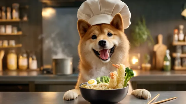 Hund als lächelnder Koch mit Nudelsuppe