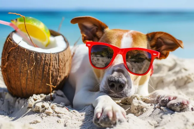 Hund am Strand mit Cocktail und Sonnenbrille