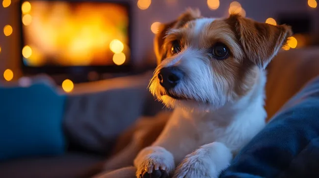 Hund auf Couch beobachtet gemütlichen Fernsehabend