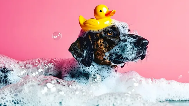 Hund badet mit Ente und Seifenblasen