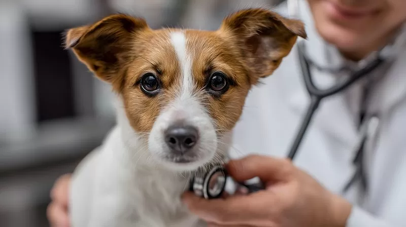 Hund beim Tierarzt mit Stethoskop