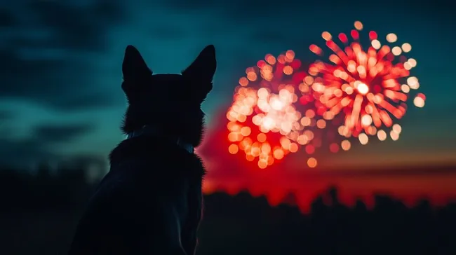 Hund beobachtet buntes Feuerwerk bei Nacht