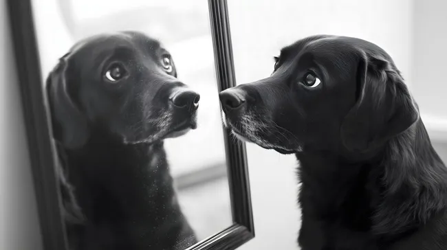 Hund betrachtet sein Spiegelbild sehnsüchtig