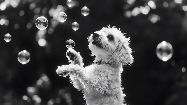 Hund fängt verspielte Seifenblasen in Schwarz-Weiß