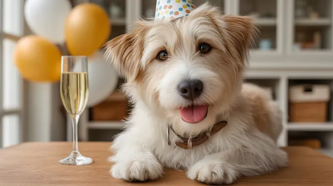 Hund feiert Geburtstag mit Sekt und Partyhut