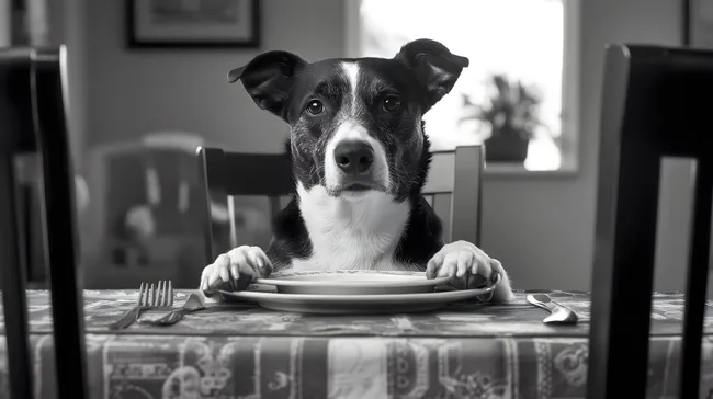 Hund genießt Abendessen auf rustikalem Holztisch