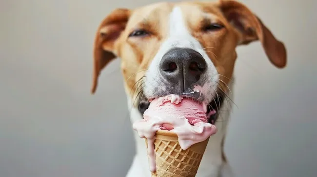 Hund genießt Eiscreme aus Waffelbecher