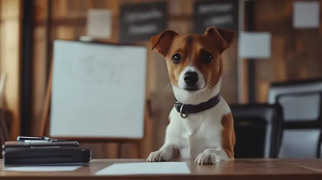 Hund im Büro präsentiert Projektidee an Whiteboard