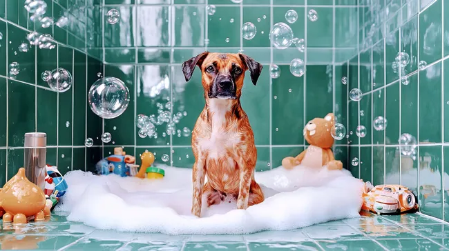 Hund im bunten Schaumbad: Lustige Haustierfotografie