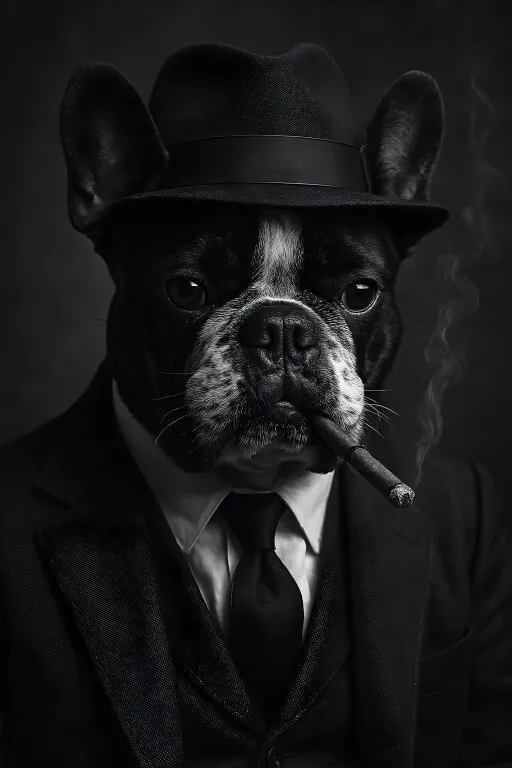 Hund im eleganten Mafiastil mit Zigarre