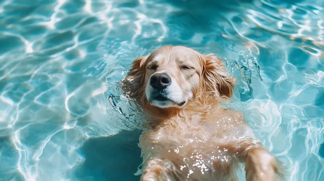 Hund im Pool bei klarem Wasser