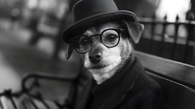 Hund in eleganter Kleidung mit Brille und Bowler-Hut