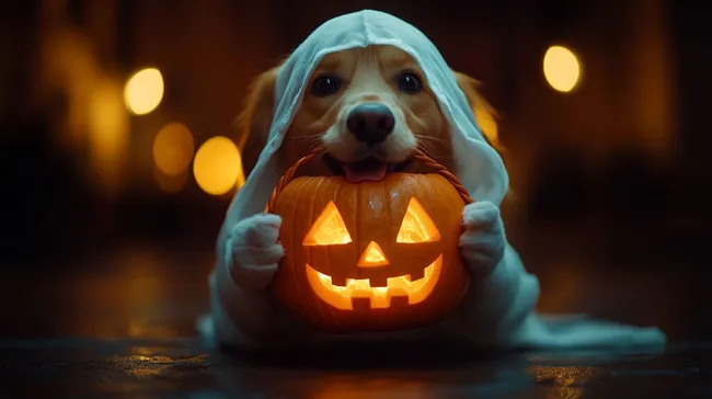 Hund in Geisterkostüm mit leuchtenden Kürbis an Halloween