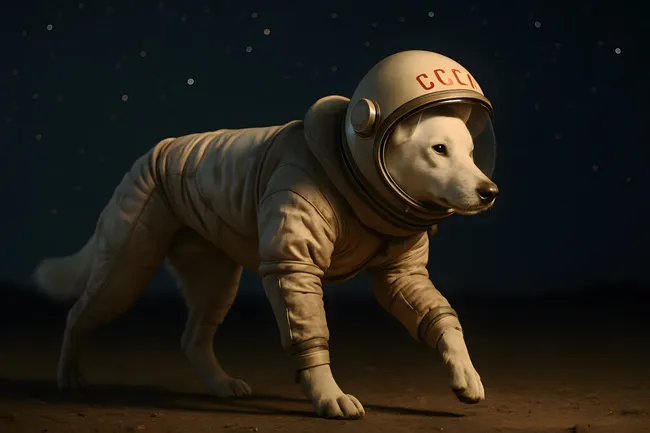 Hund in Raumanzug mit CCCP-Helm vor Sternenhimmel