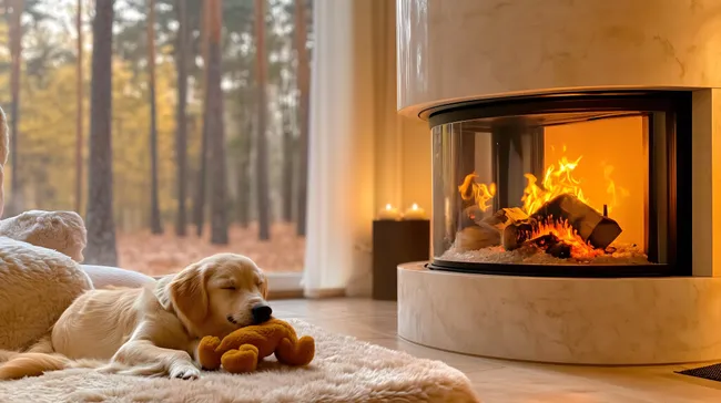 Hund kuschelt mit Teddy vor knisterndem Kaminfeuer