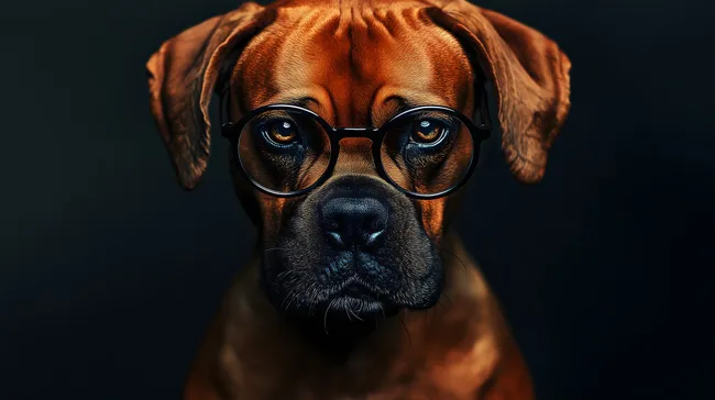 Hund mit Brille im Dunkeln