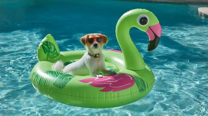 Hund mit Herzbrille auf grünem Flamingo im Wasser