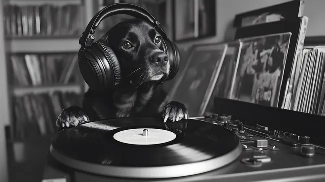 Hund mit Kopfhörern am Plattenspieler