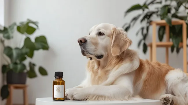 Hund mit Ölampulle im modernen Interieur
