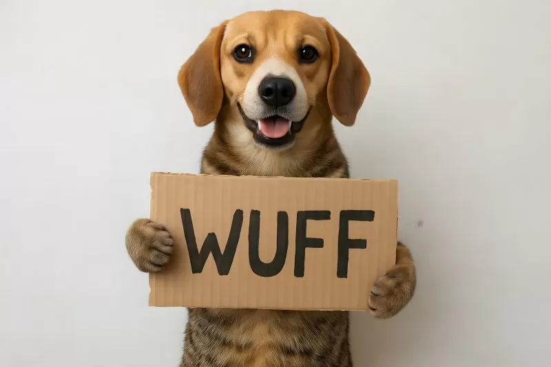Hund mit Pappschild Wuff vor weißem Hintergrund
