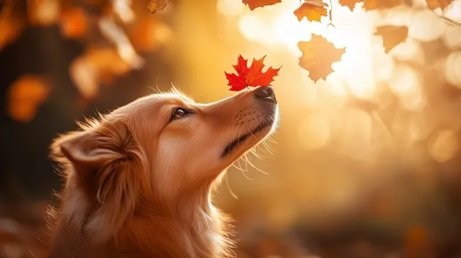 Hund mit rotem Ahornblatt in herbstlicher Stimmung