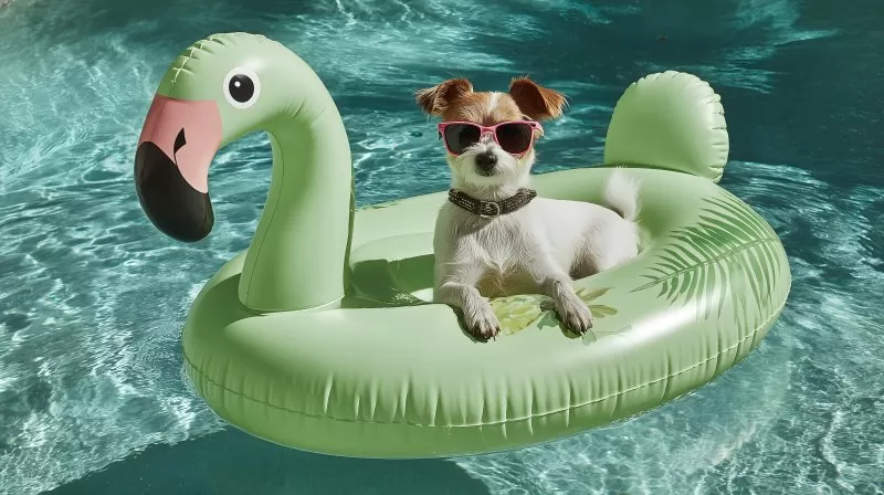 Hund mit Sonnenbrille auf grünem Flamingo in Pool