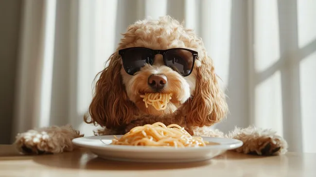 Hund mit Sonnenbrille genießt Spaghetti