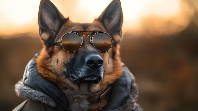 Hund mit Sonnenbrille im Sonnenuntergang