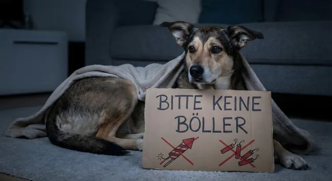 Hund mit Warntafel für Feuerwerksverbot