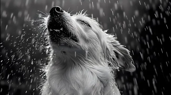 Hund schüttelt Wasser im Regen ab