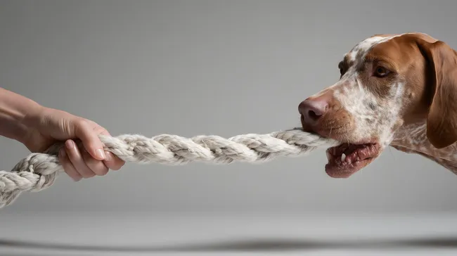 Hund spielt tug-of-war mit Seil im hellen Studio