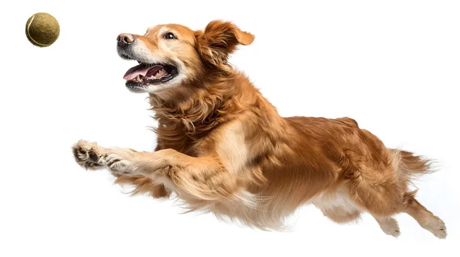 Hund springt nach Tennisball in der Luft