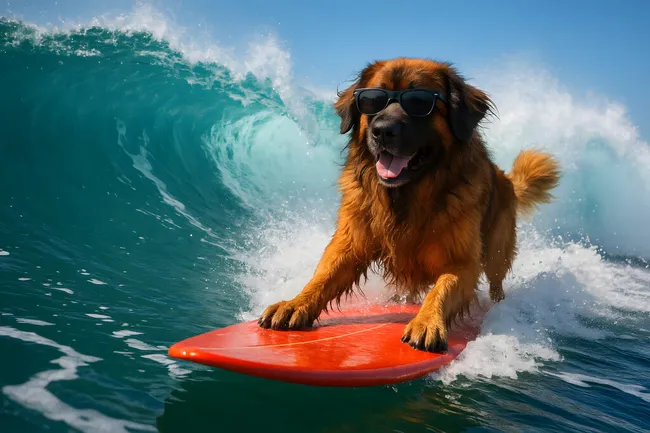 Hund surft auf Welle mit Sonnenbrille auf rotem Surfbrett