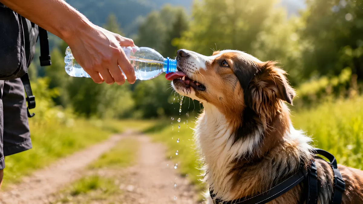 Hund trinkt Wasser aus Flasche beim Wandern